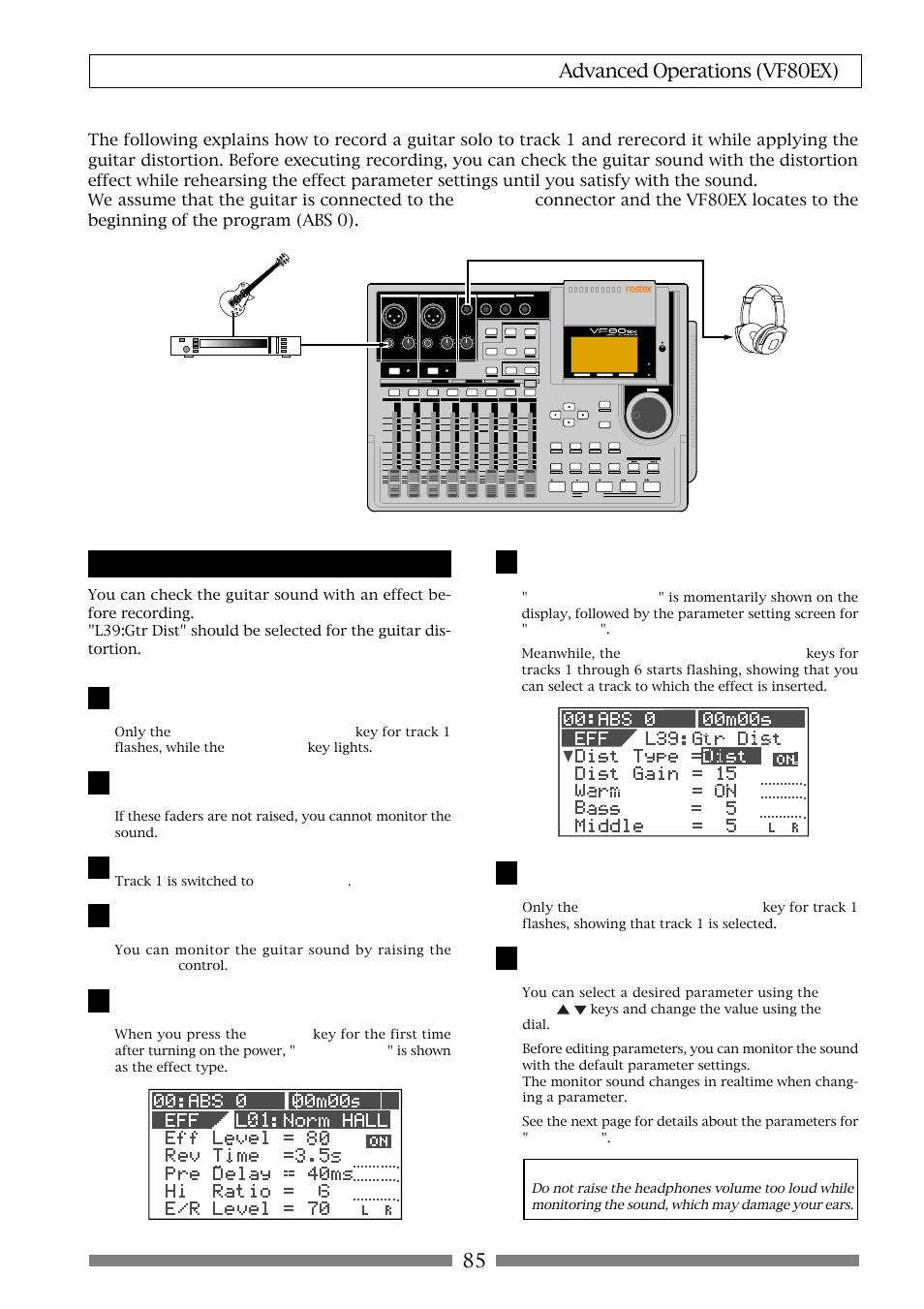 85 advanced operations (vf80ex), Rehearsal, Press the [record] key | Press the [track status/track sel] key for track 1, Caution, Track 1 is switched to "input monitor | Fostex VF80EX User Manual | Page 85 / 152