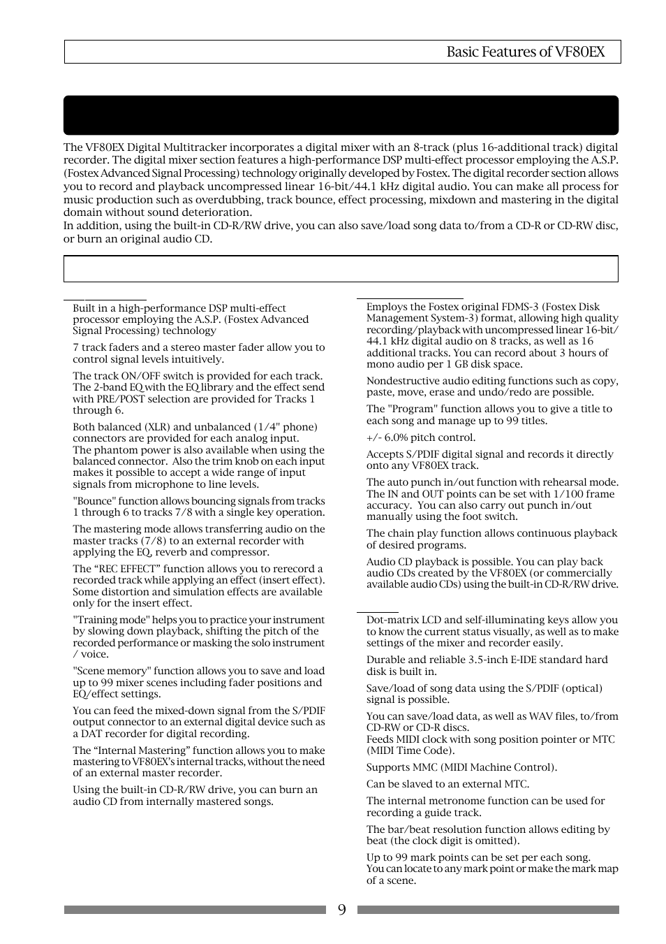Basic features of vf80ex, Product features, 9basic features of vf80ex | Others | Fostex VF80EX User Manual | Page 9 / 152