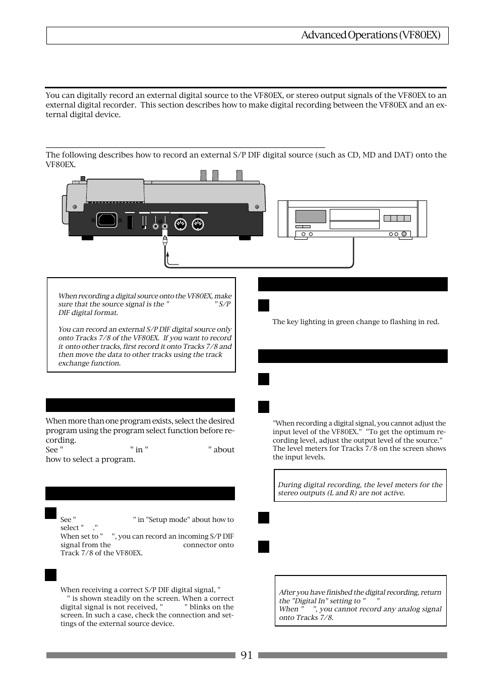 Digital recording, 91 advanced operations (vf80ex), Selecting a program to be recorded | Selecting the digital input, Selecting a track to record, Starting to record | Fostex VF80EX User Manual | Page 91 / 152