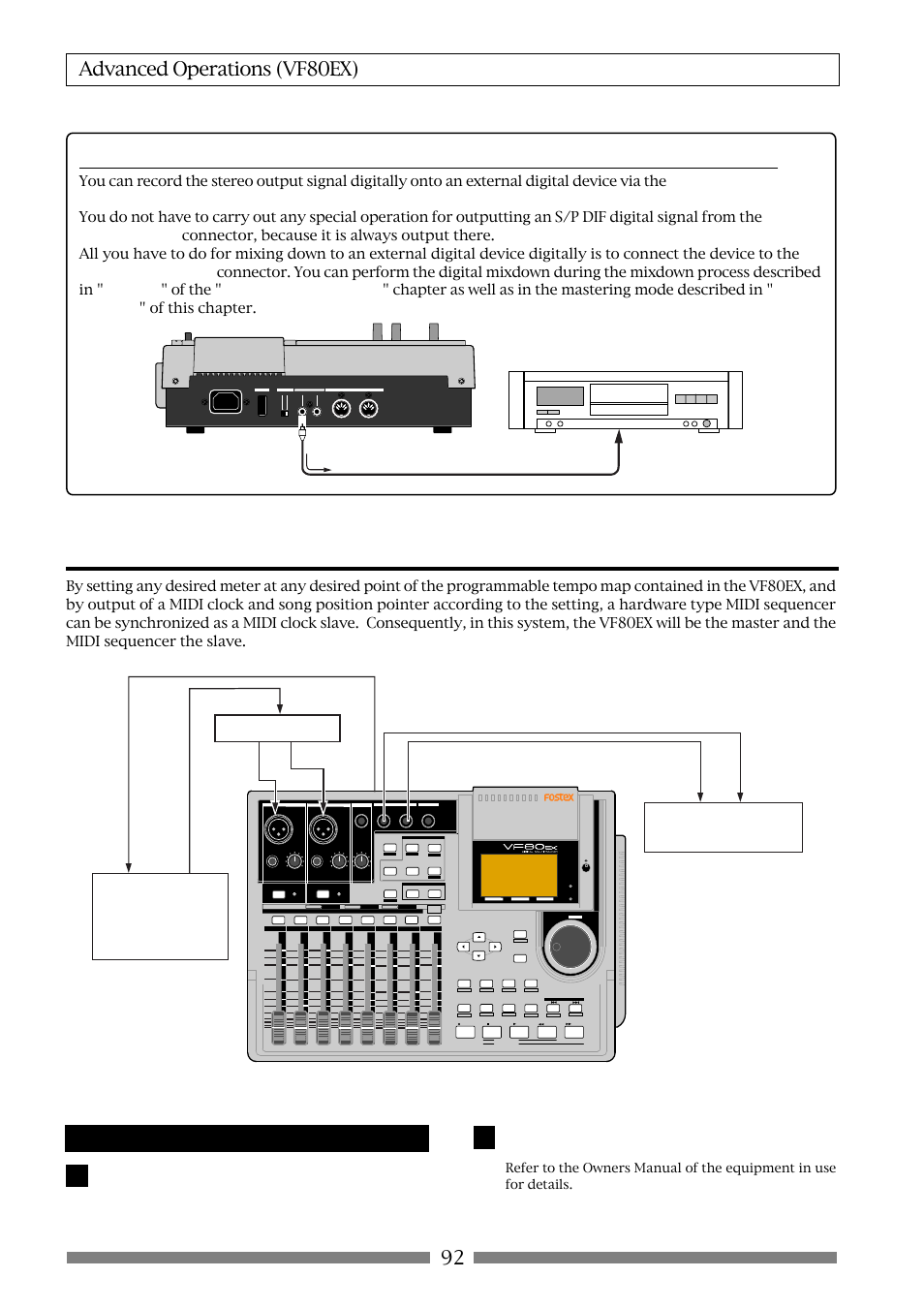 Midi clock sync system, 92 advanced operations (vf80ex), Connecting external equipment | Midi sound source midi sequencer, Master recorder, Midi clock & song position ponter | Fostex VF80EX User Manual | Page 92 / 152