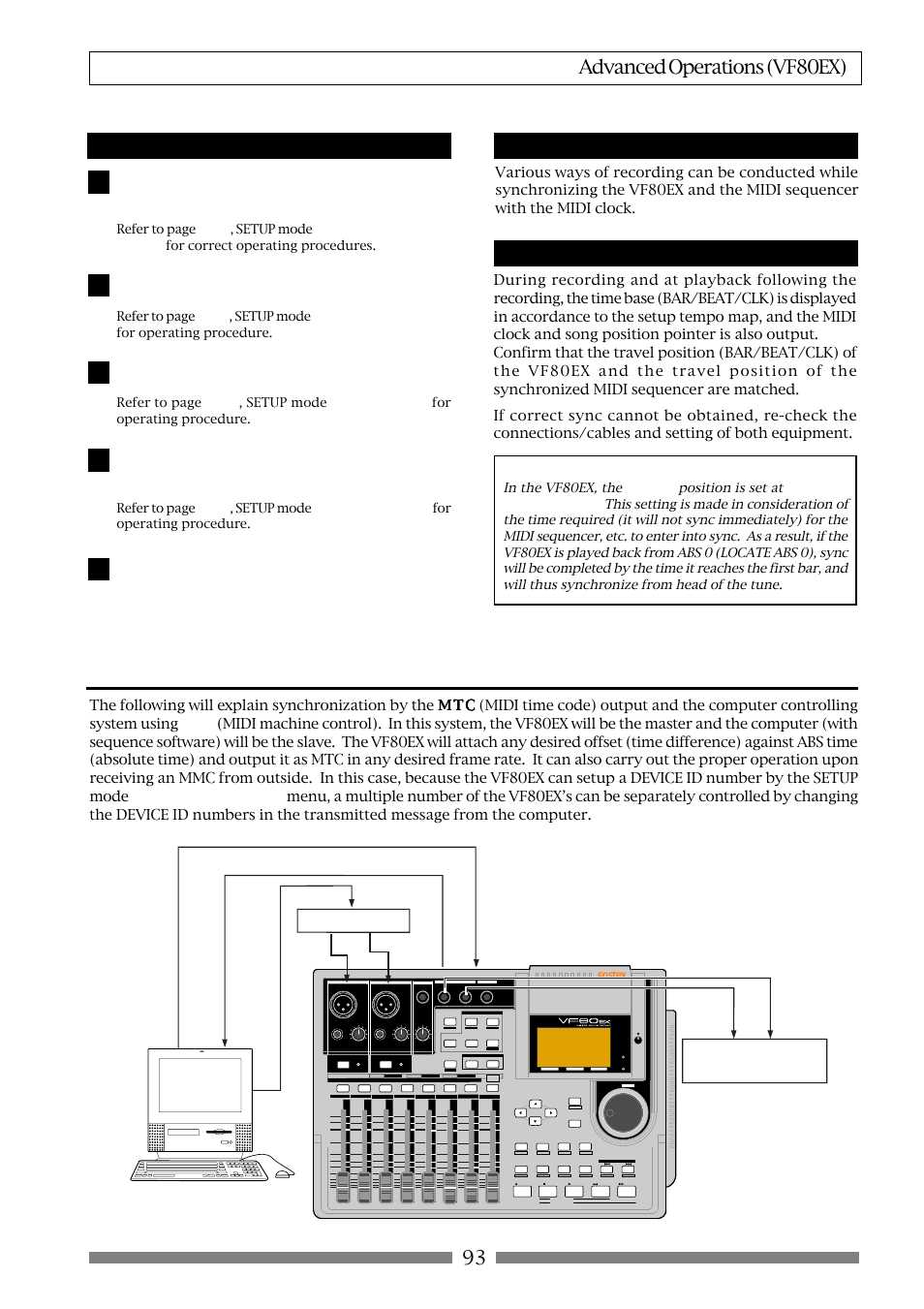 Mtc sync/midi machine control system, 93 advanced operations (vf80ex), Setup of the vf80ex | Confirming the midi clock sync, Executing of recording, Midi sound source, Master recorder | Fostex VF80EX User Manual | Page 93 / 152