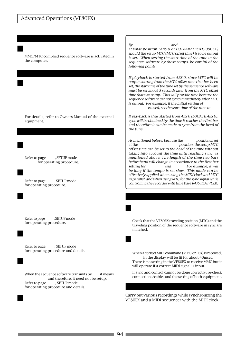94 advanced operations (vf80ex), Connecting to external equipment, Setup of external equipment | Setup of the vf80ex, Confirming mtc sync/mmc, Execution of recording | Fostex VF80EX User Manual | Page 94 / 152