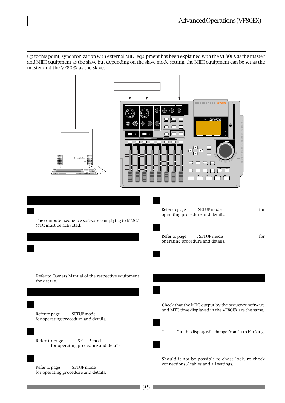 95 advanced operations (vf80ex), Setup of the vf80ex, Confirming chase lock | Sequence software is setup as follows, Sound source | Fostex VF80EX User Manual | Page 95 / 152