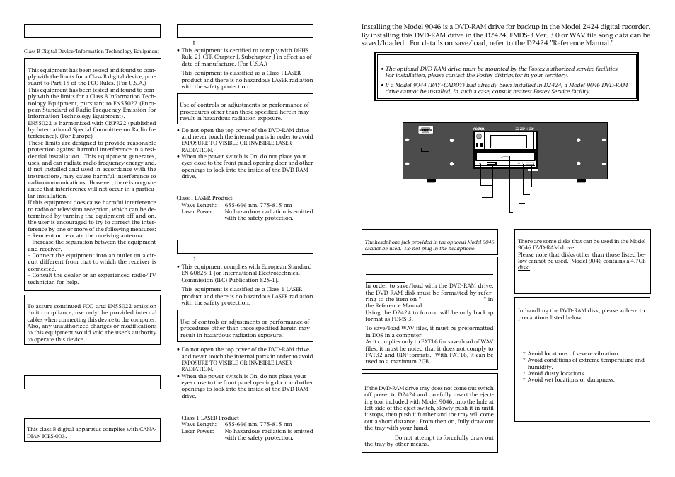 24bit/96khz, Important safety notice, Laser product | For canada only | Fostex 9046 User Manual | Page 2 / 2