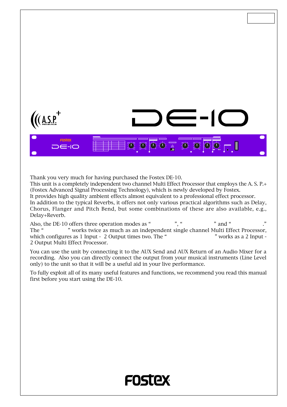 Fostex DE-10 User Manual | 22 pages