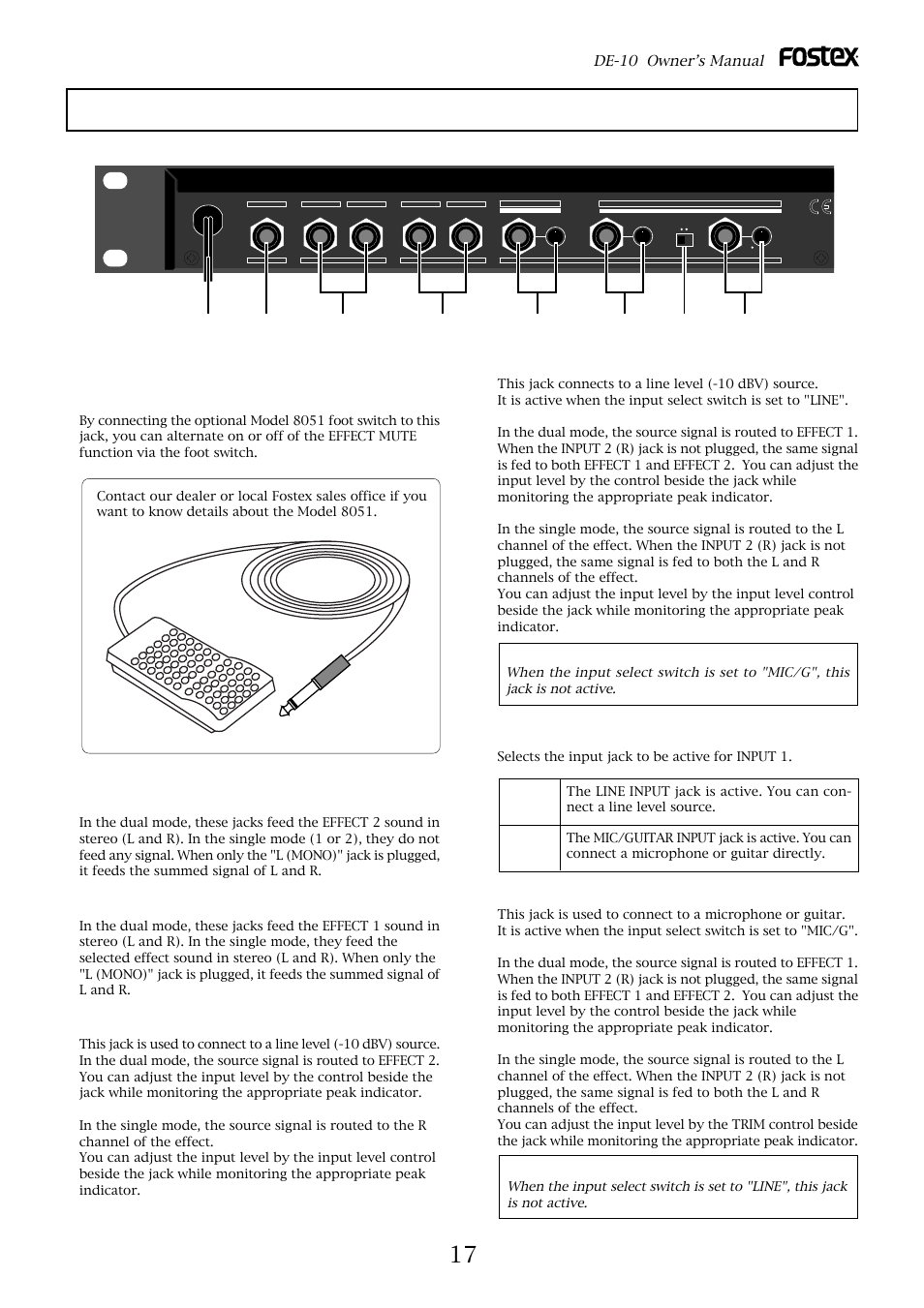 Names and functions, Output 2 jacks (l (mono), r) | Fostex DE-10 User Manual | Page 17 / 22