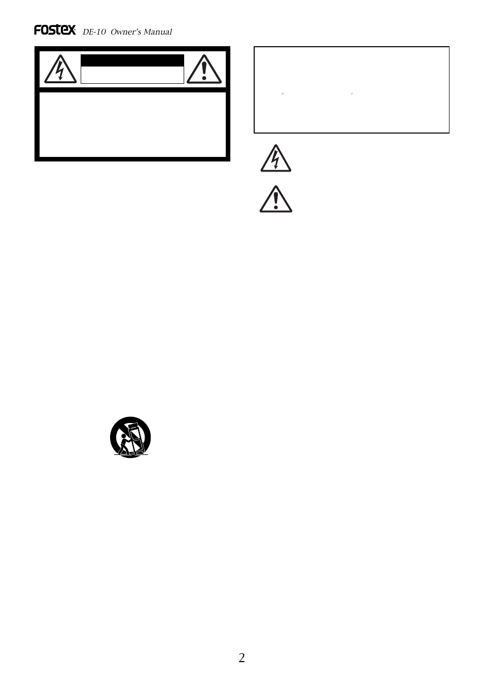 Safety instructions, Warning, Caution | Fostex DE-10 User Manual | Page 2 / 22