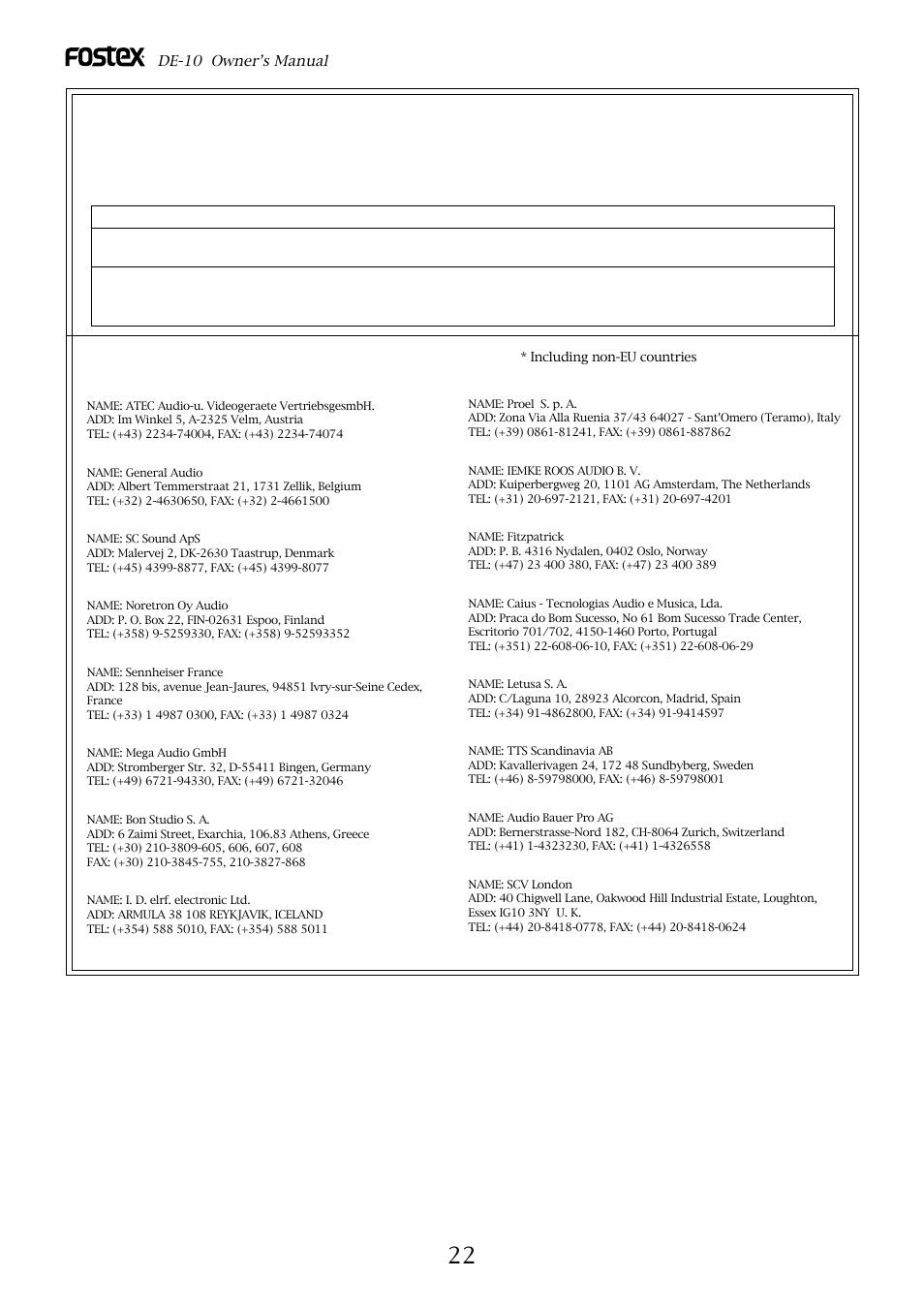 Declaration of ec directive, The affect of immunity on this equipment | Fostex DE-10 User Manual | Page 22 / 22