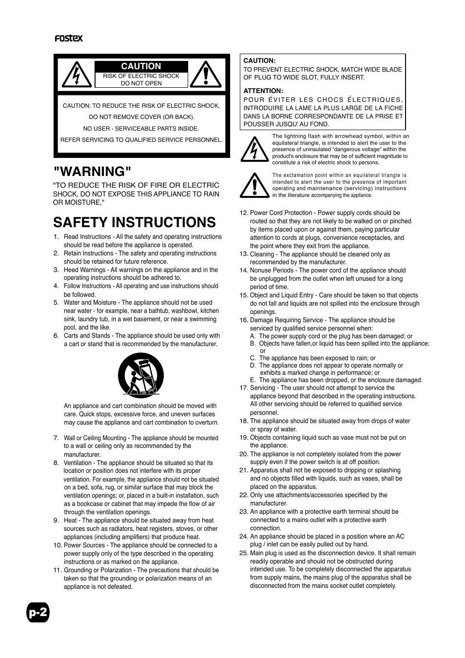 Safety instructions, Warning, Caution | Fostex PM-1MKII User Manual | Page 2 / 7
