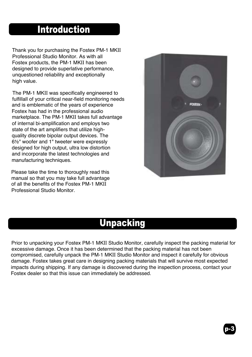 Introduction, Unpacking | Fostex PM-1MKII User Manual | Page 3 / 7