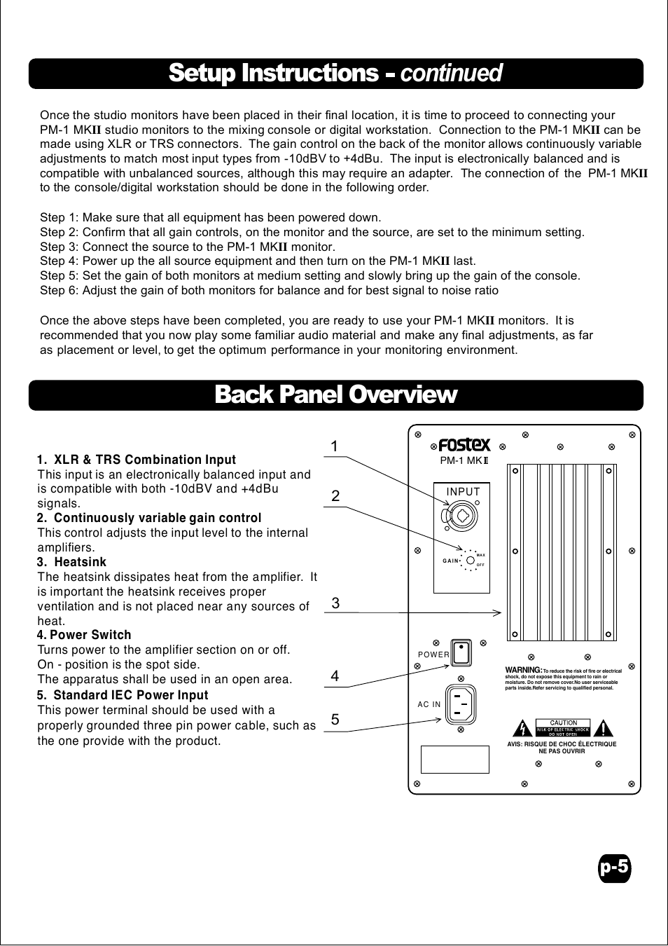Setup instructions continued back panel overview | Fostex PM-1MKII User Manual | Page 5 / 7