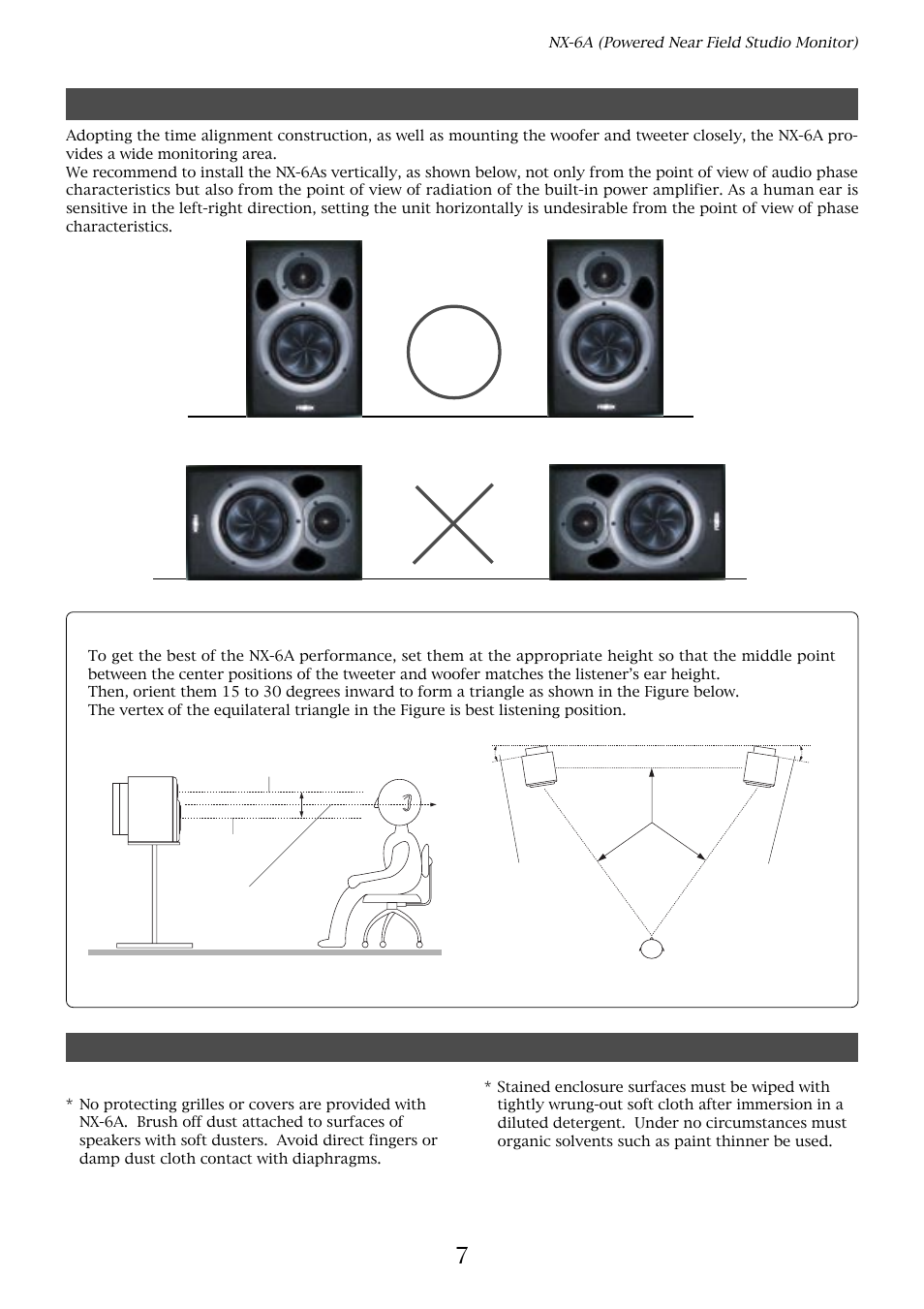 7enclosure positioning, Maintenance precautions, Optimal listening point and setting | Fostex NX-6A User Manual | Page 7 / 9
