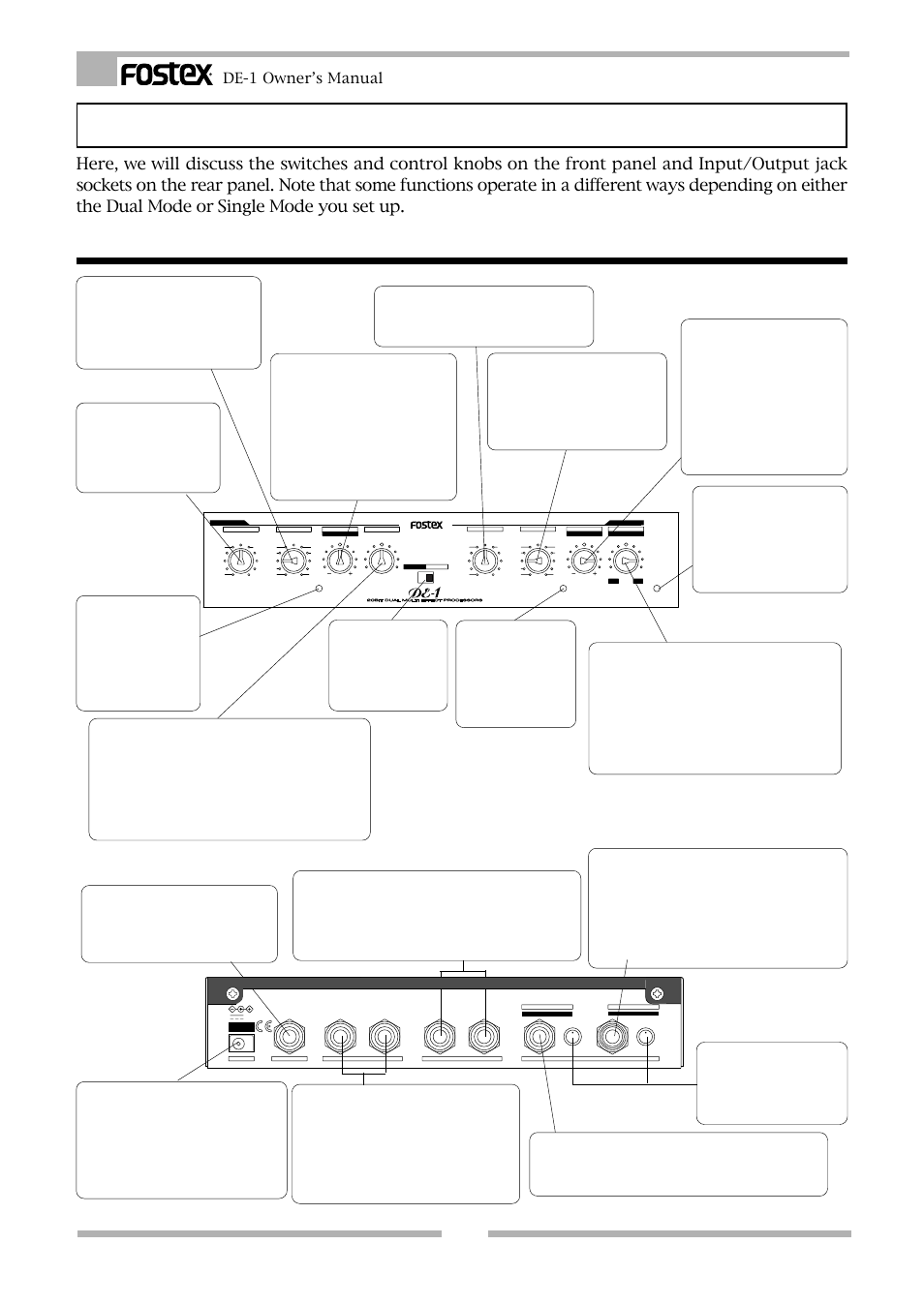 Functions, Functions of the dual mode, De-1 owner’s manual | Effect 1 type sw, Effect 1 variation sw, Peak led, Effect 1 adjust knob, Effect 1 mix knob, Mode sw, Effect 2 type sw | Fostex DE-1 User Manual | Page 14 / 20