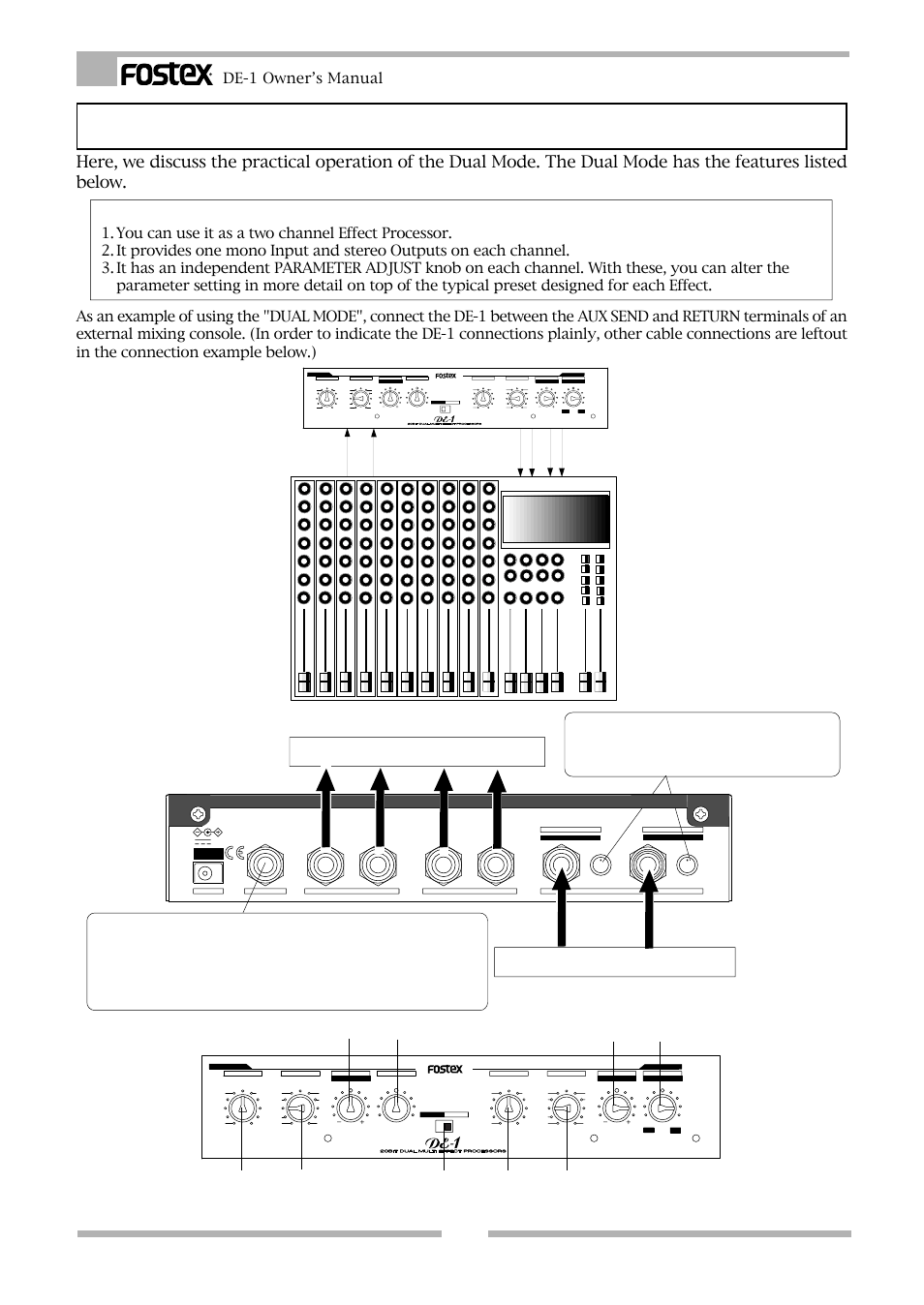 How to use the dual mode, De-1 owner’s manual, Point | For the audio mixer aux return terminals, Aux send 2 aux rtn 2 aux send 1 aux rtn 1 | Fostex DE-1 User Manual | Page 16 / 20