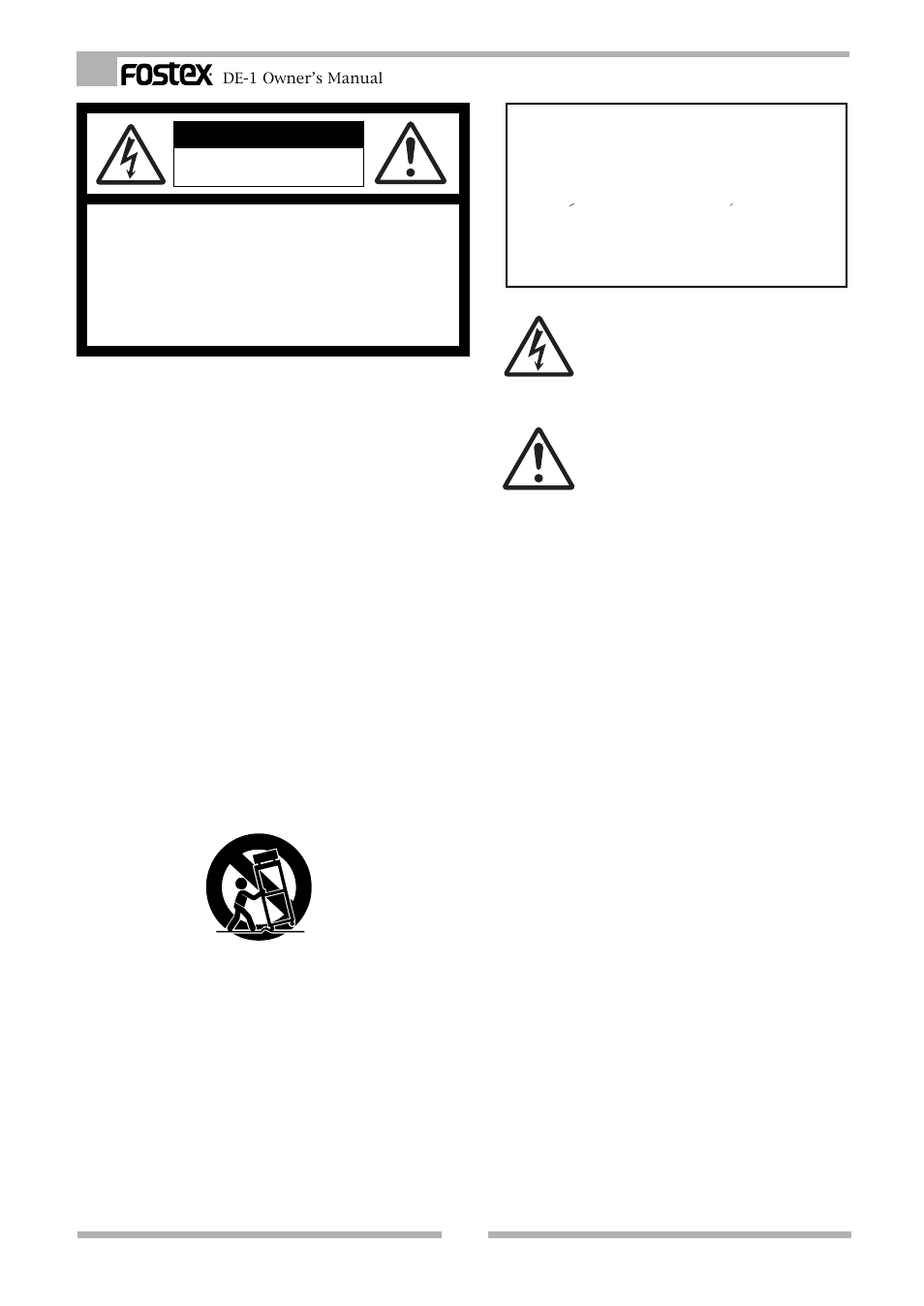 Warning, Safety instructions, Caution | Fostex DE-1 User Manual | Page 2 / 20