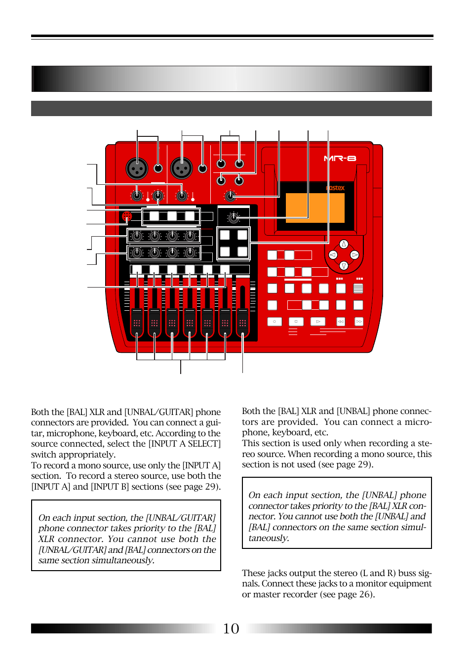 Names and functions, Top panel (left part), [input a] connectors | [input b] connectors, [stereo out] jacks (l, r), Mr-8 owner’s manual | Fostex MR-8 User Manual | Page 10 / 102