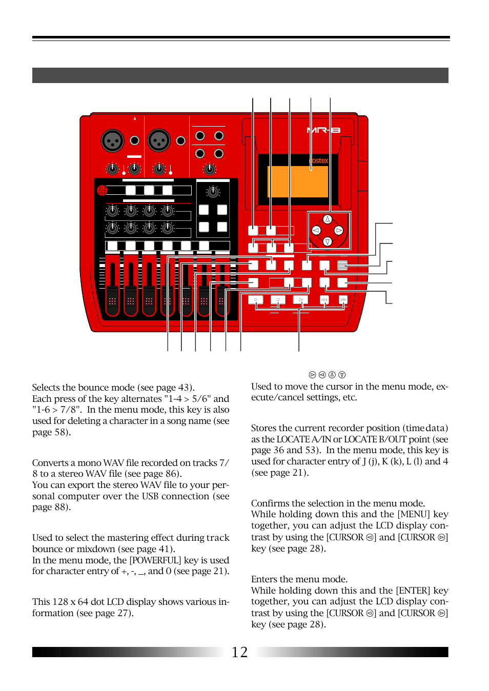 Top panel (right part), [7/8 > stereo wav file] key, [mastering] keys | Lcd display, [cursor / / / ] keys, [store] / j k l 4 entry key, [enter] / [contrast] key, [menu] / [contrast] key, Mr-8 owner’s manual | Fostex MR-8 User Manual | Page 12 / 102