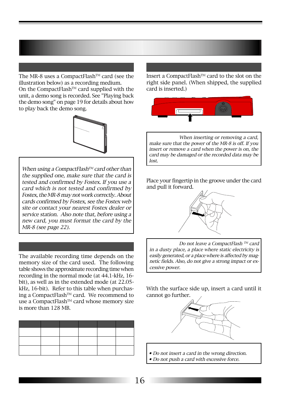 About recording medium, How to remove a compactflash, How to insert a compactflash | Recording time inserting a compactflash, Card compactflash, Card | Fostex MR-8 User Manual | Page 16 / 102