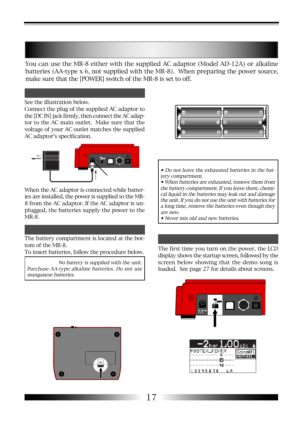 About the power, Turning on the unit, Inserting batteries | Connecting the ac adaptor, Mr-8 owner’s manual, Important | Fostex MR-8 User Manual | Page 17 / 102