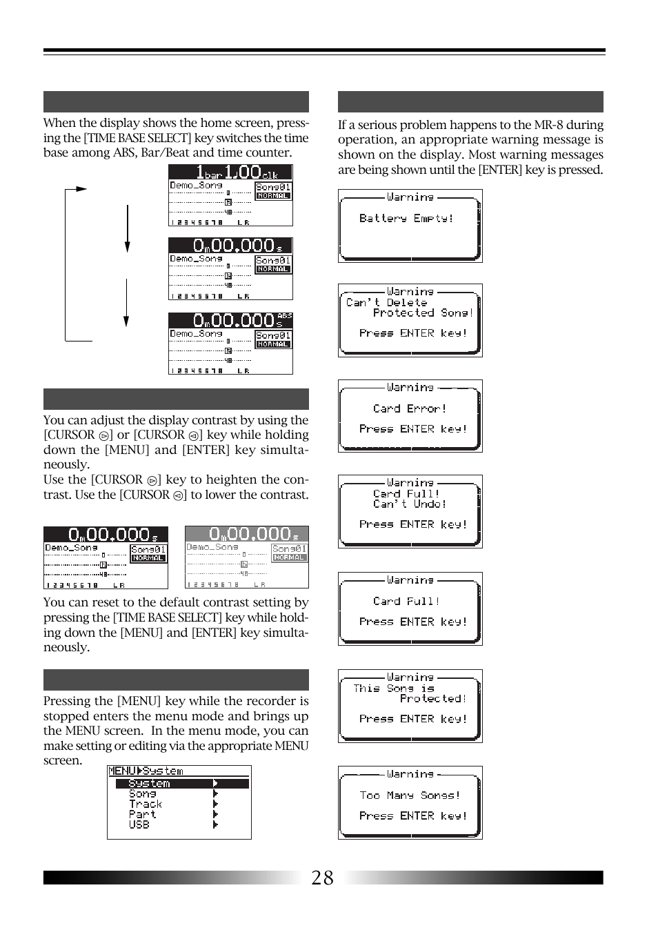 Selecting a time base, Adjusting the display contrast, Menu screen | Warning message | Fostex MR-8 User Manual | Page 28 / 102