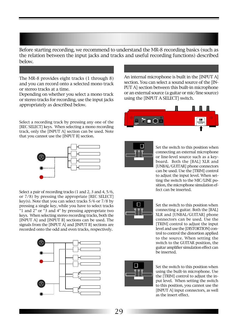 Mr-8 recording basics, Input a select] switch, Mr-8 owner’s manual | Recording onto stereo track, Guitar, Int mic, Input a select] switch input a select, Input a select | Fostex MR-8 User Manual | Page 29 / 102