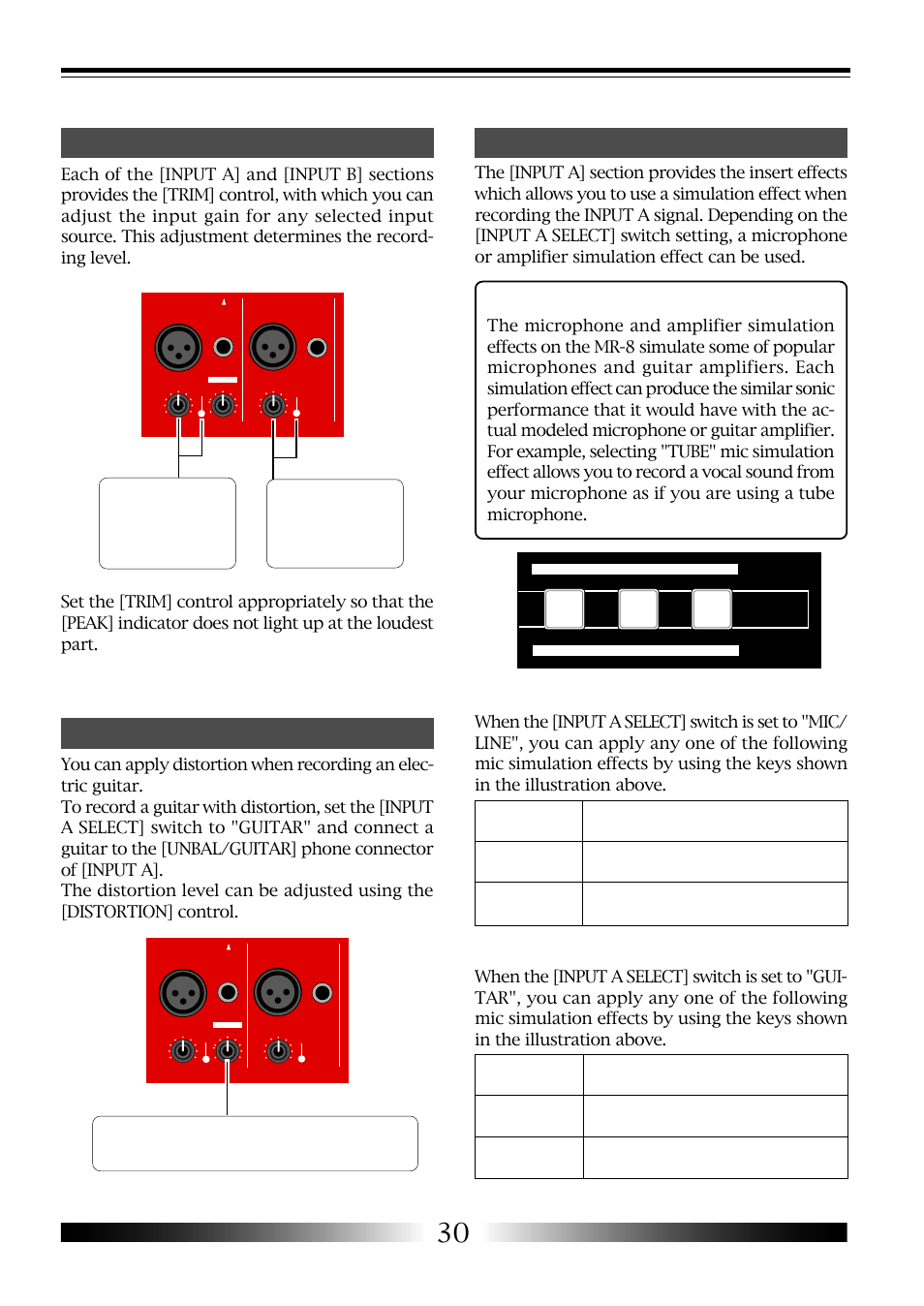 About simulation effect, Input level setting, Distortion setting | Insert effects, Mic simulation effects, Amp. simulation effects, Mr-8 owner’s manual | Fostex MR-8 User Manual | Page 30 / 102