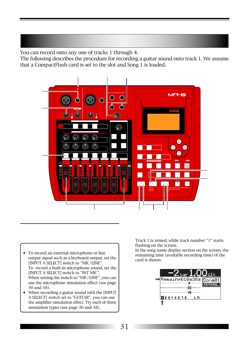 Recording onto a single track, Mr-8 owner’s manual, Flashing remain | Fostex MR-8 User Manual | Page 31 / 102