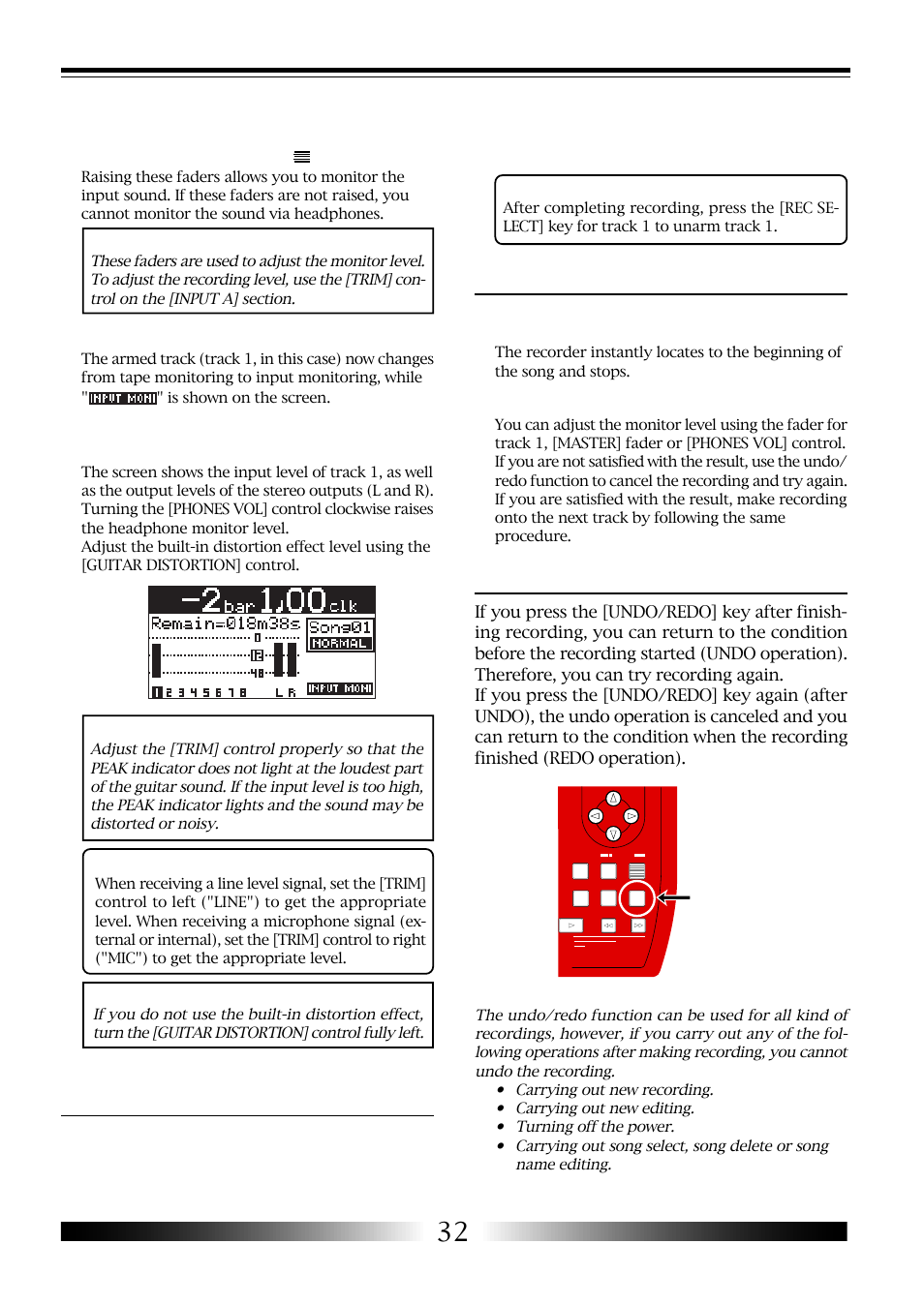 Starting recording, Playing back the recorded track, Undo/redo | Mr-8 owner’s manual, 6) press the [record] key, 11) press the [play] key to start playback | Fostex MR-8 User Manual | Page 32 / 102