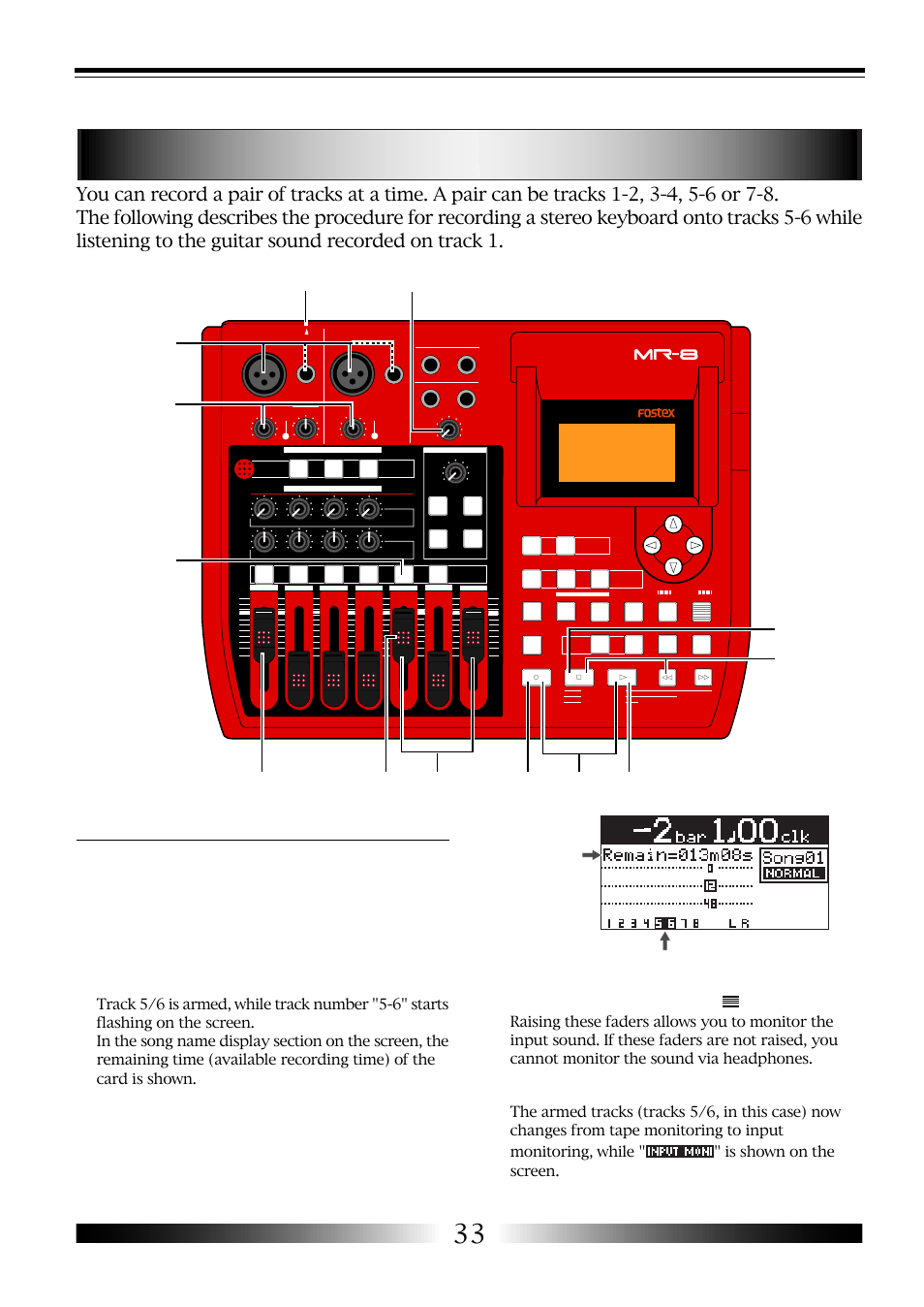 Recording onto two tracks, Preparation for recording, Point | Mr-8 owner’s manual, 5) press the [record] key, Flashing remain | Fostex MR-8 User Manual | Page 33 / 102
