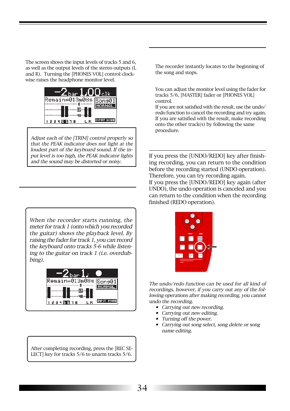Starting recording, Playing back the recorded tracks, Undo/redo | Mr-8 owner’s manual, 10) press the [play] key to start playback | Fostex MR-8 User Manual | Page 34 / 102
