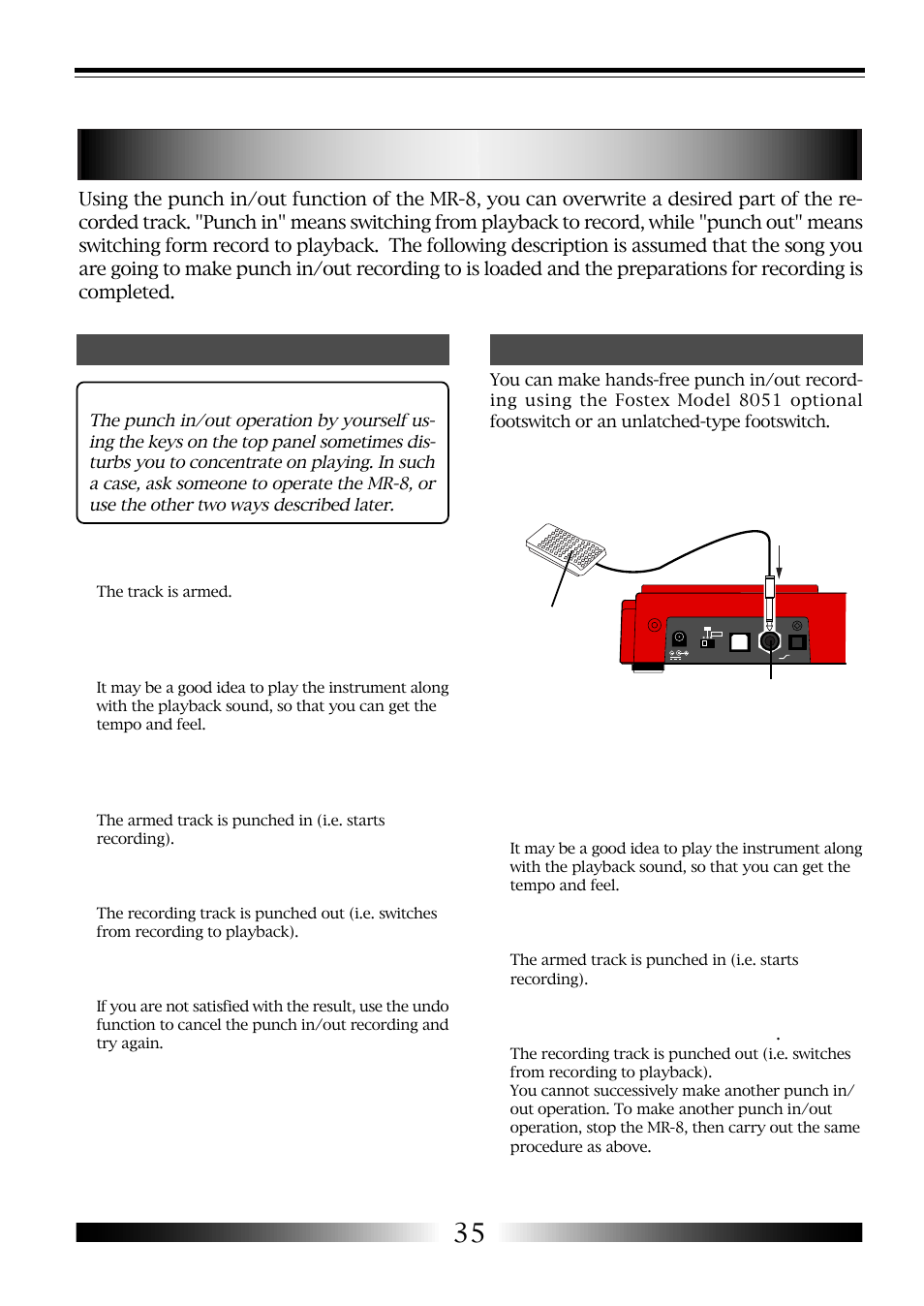 Punch in/out, Punch in/out using the footswitch | Fostex MR-8 User Manual | Page 35 / 102
