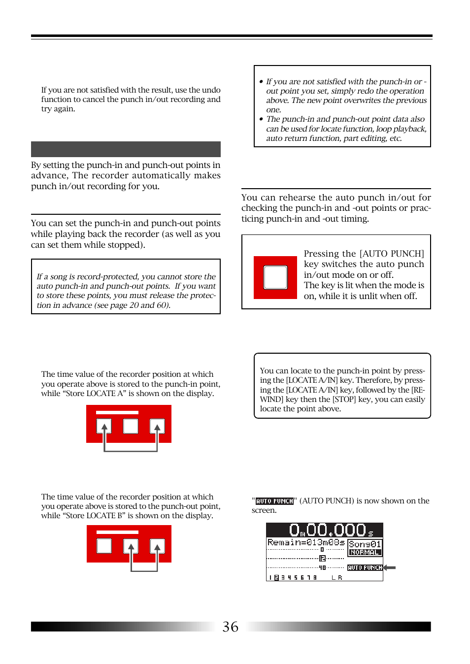 Auto punch in/out, Setting the punch-in and punch-out points, Rehearsal | Fostex MR-8 User Manual | Page 36 / 102