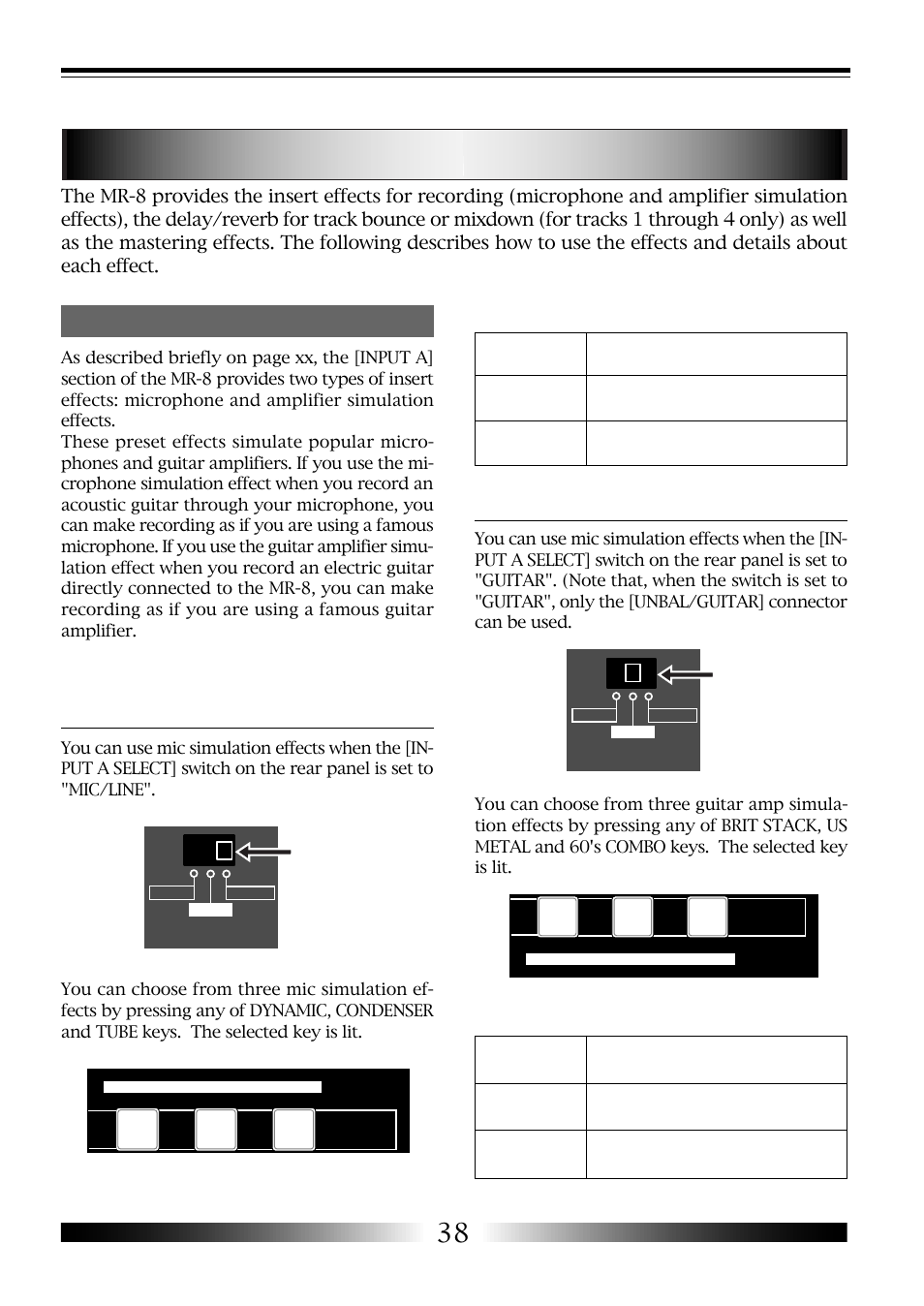 Using effects, Mic simulation effects, Amp simulation effects | Fostex MR-8 User Manual | Page 38 / 102