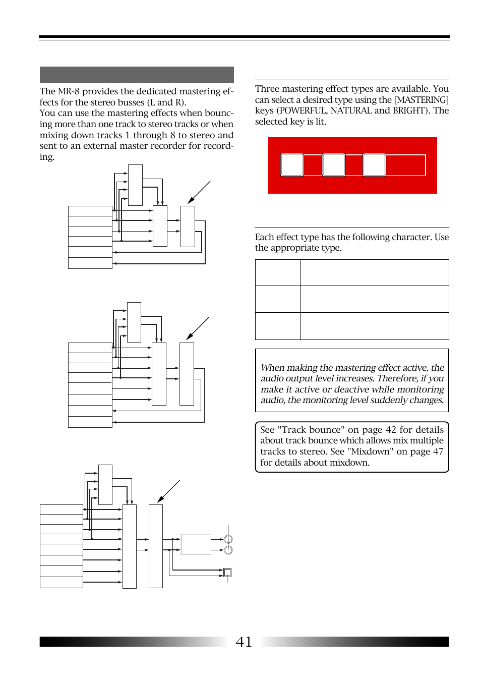 Selecting the desired effect type, Details about each mastering effect type, Using the mastering effects | Mr-8 owner’s manual | Fostex MR-8 User Manual | Page 41 / 102