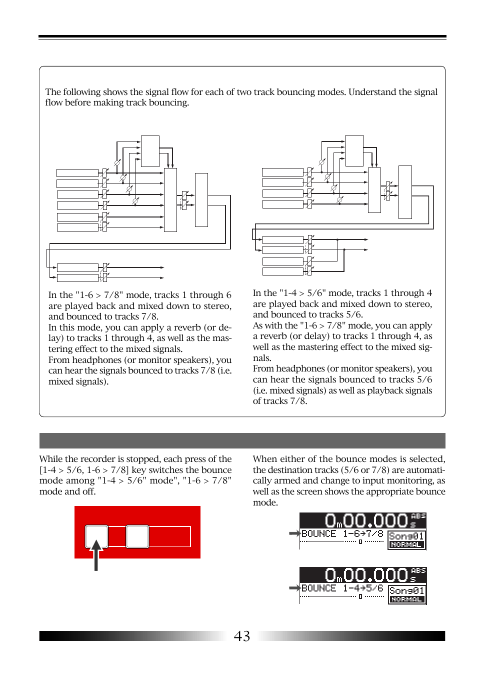 Signal flow of track bouncing, Selecting the bounce mode, Mr-8 owner’s manual | Fostex MR-8 User Manual | Page 43 / 102