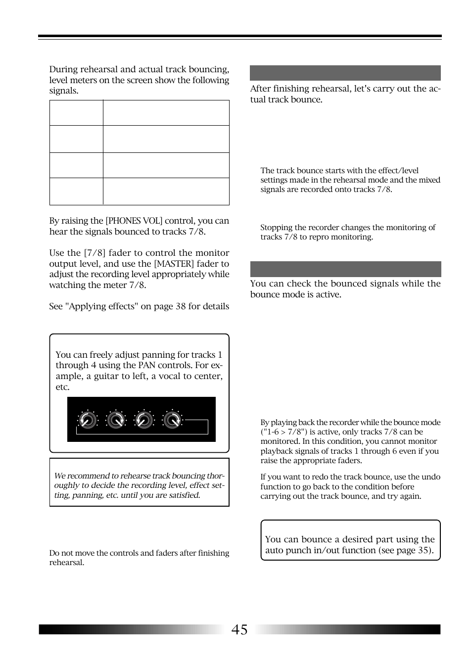 Panning control, Auto punch in/out of track bouncing | Fostex MR-8 User Manual | Page 45 / 102