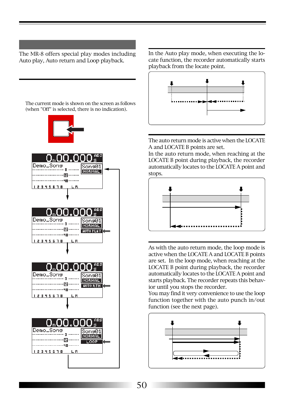 Selecting a play mode, Auto play mode, Auto return mode | Loop mode, Play mode, Mr-8 owner’s manual | Fostex MR-8 User Manual | Page 50 / 102