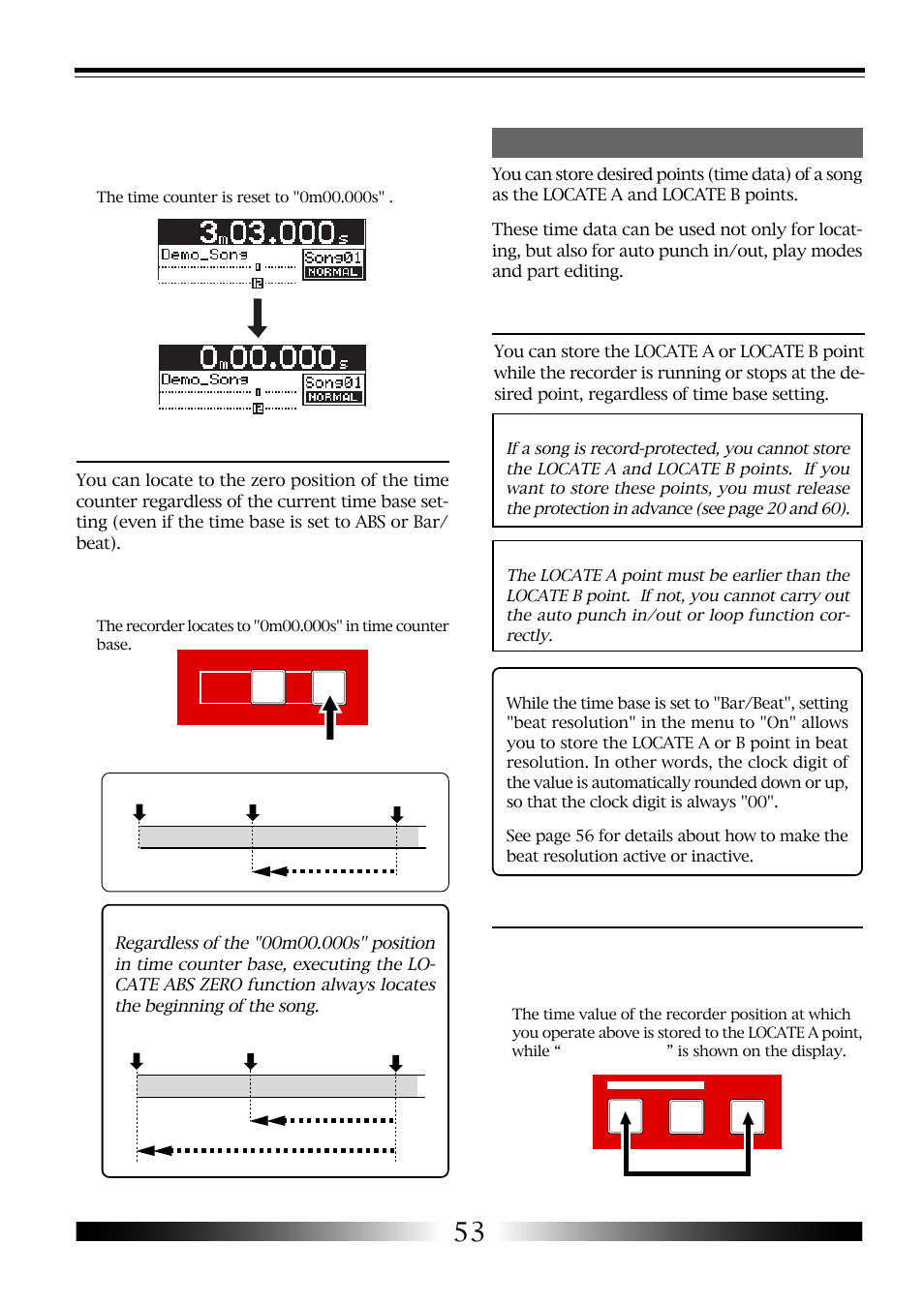 Locating to counter zero, Storing a locate point, Storing a locate a point | Locating to the locate a or locate b point, Mr-8 owner’s manual | Fostex MR-8 User Manual | Page 53 / 102