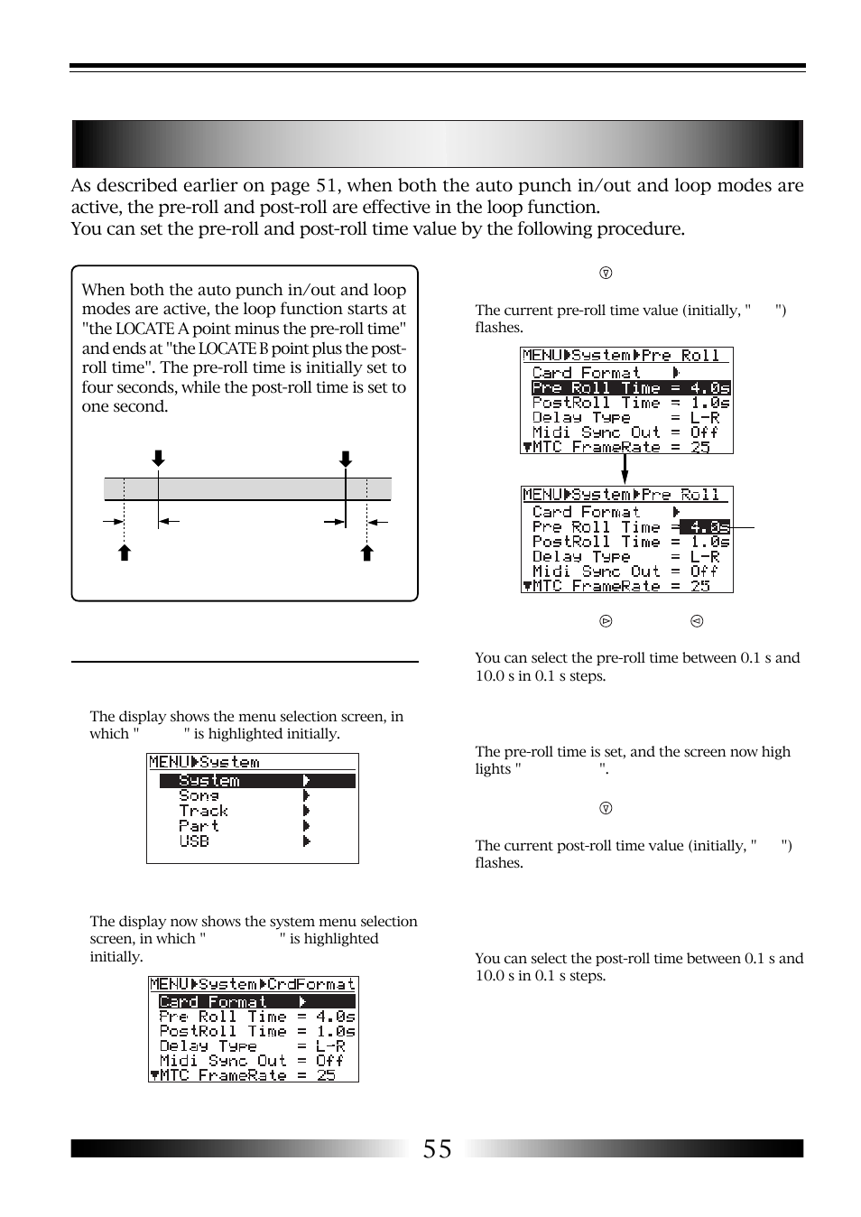 Setting the pre-roll/post-roll, How to set the pre-roll/post-roll time | Fostex MR-8 User Manual | Page 55 / 102