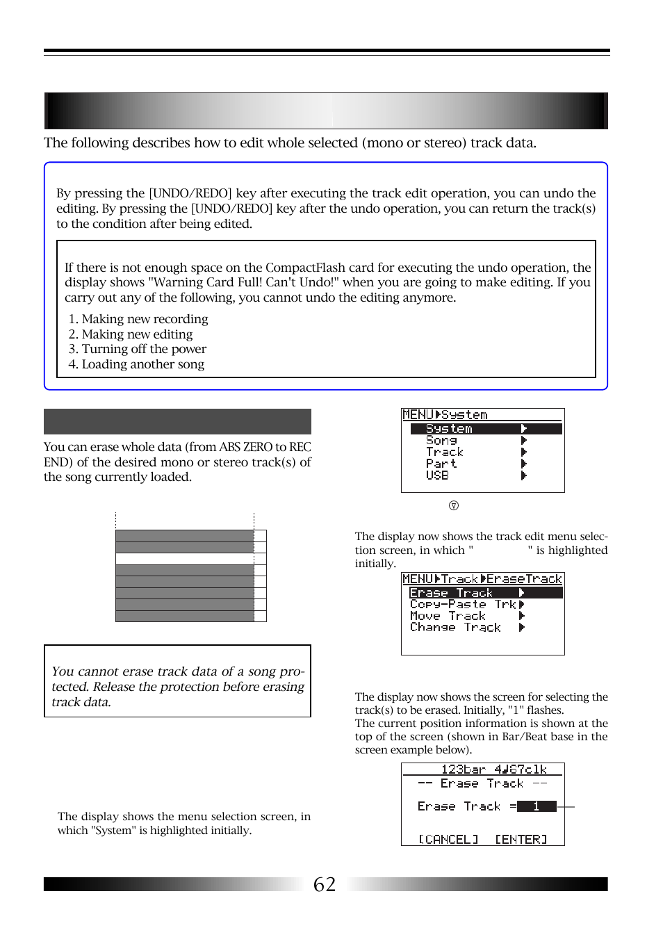 Track editing, Erasing whole track data | Fostex MR-8 User Manual | Page 62 / 102