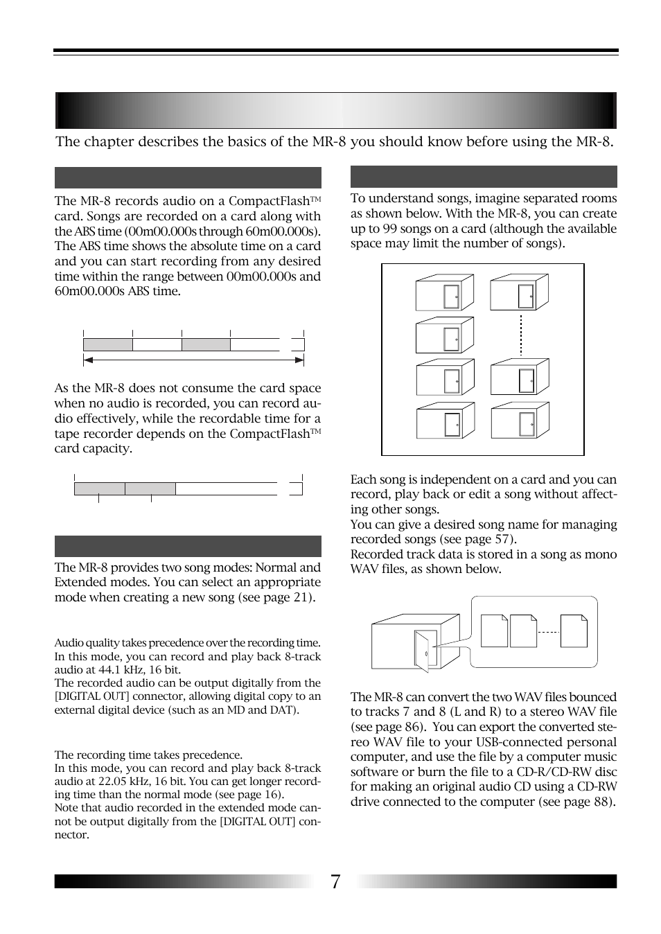 The basics of the mr-8, About song recording method song mode, Normal mode | Extended mode, Mr-8 owner’s manual, The mr-8 records audio on a compactflash | Fostex MR-8 User Manual | Page 7 / 102