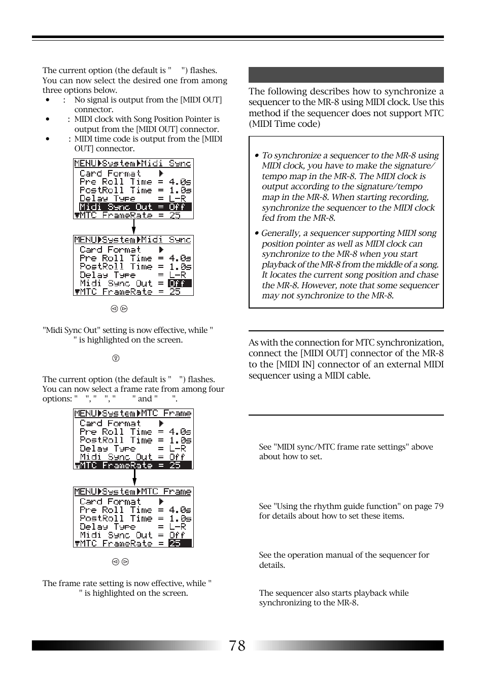 Connection, Settings of the mr-8 and midi sequencer | Fostex MR-8 User Manual | Page 78 / 102