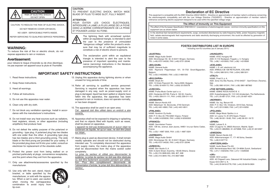 Warning: important safety instructions, Avertissement, Declaration of ec directive | Fostex PM-SUBN User Manual | Page 2 / 4