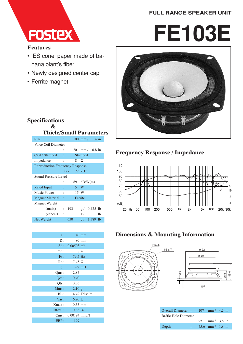 Fostex FE103E User Manual | 1 page