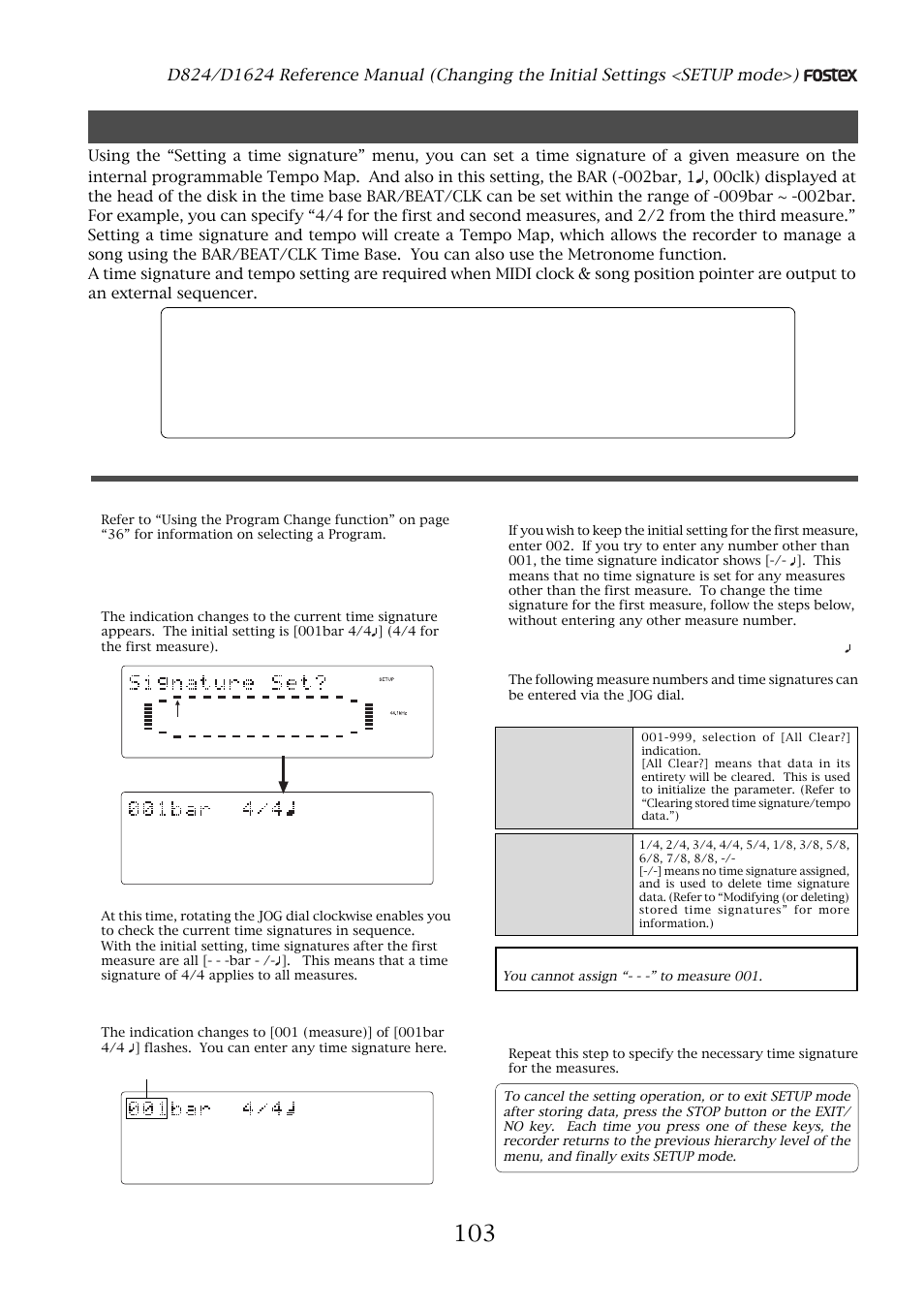 Time signature setting, Time signature setting (“signature set?”), Storing a time signature | Select a program for which to set a time signature, Press the execute/yes key, Turn the shuttle dial to display flashing [-/-] of, And enter the time signature using the jog dial, Measures time signatures, You cannot assign “- - -” to measure 001 | Fostex D1624 User Manual | Page 103 / 136