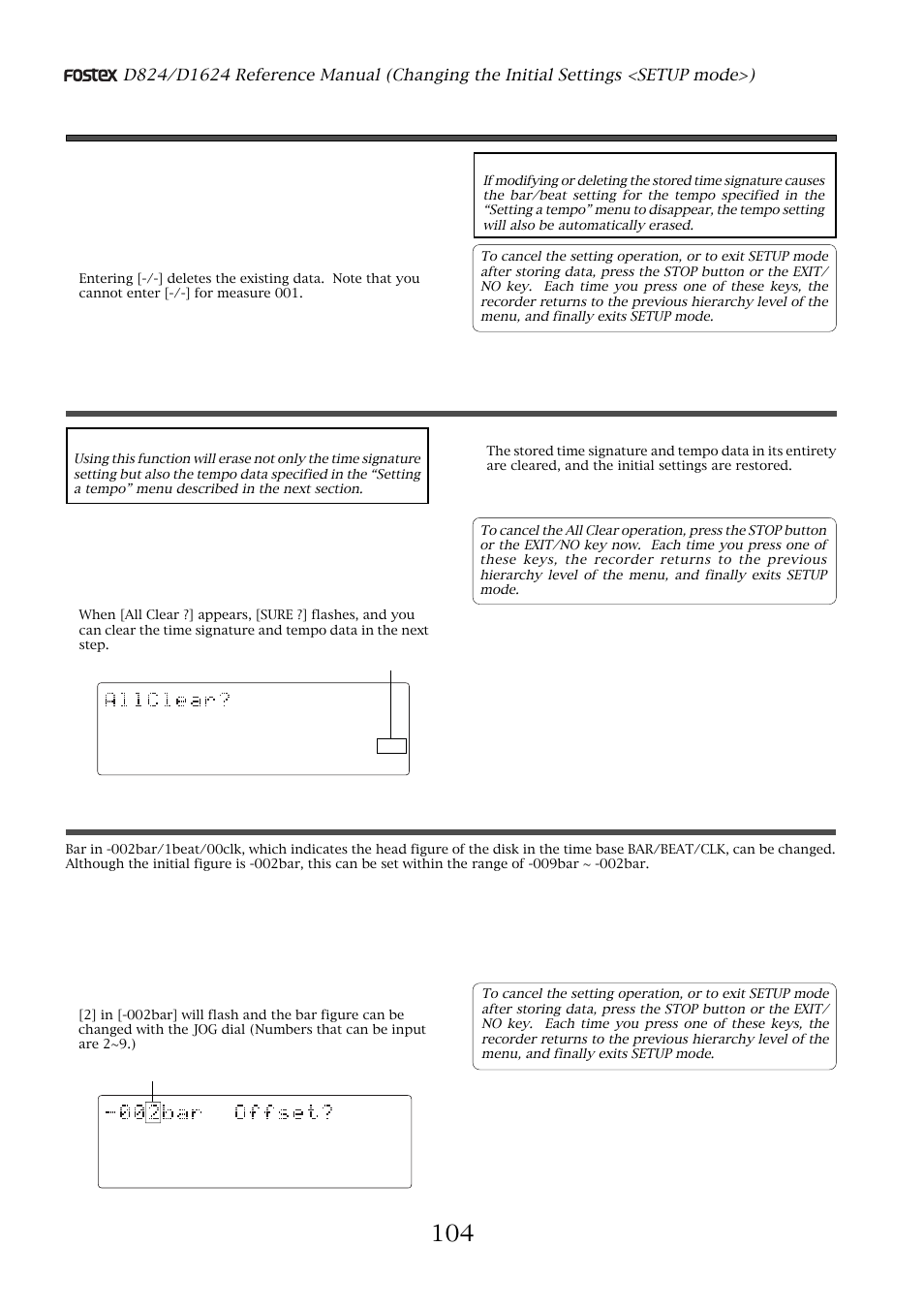 Modifying (or deleting) stored time signatures, Clearing all time signature and tempo settings, Changing the bar at abs “0” of the time base | Caution, Press the execute/yes key, Press the exit/no key (or stop button) | Fostex D1624 User Manual | Page 104 / 136