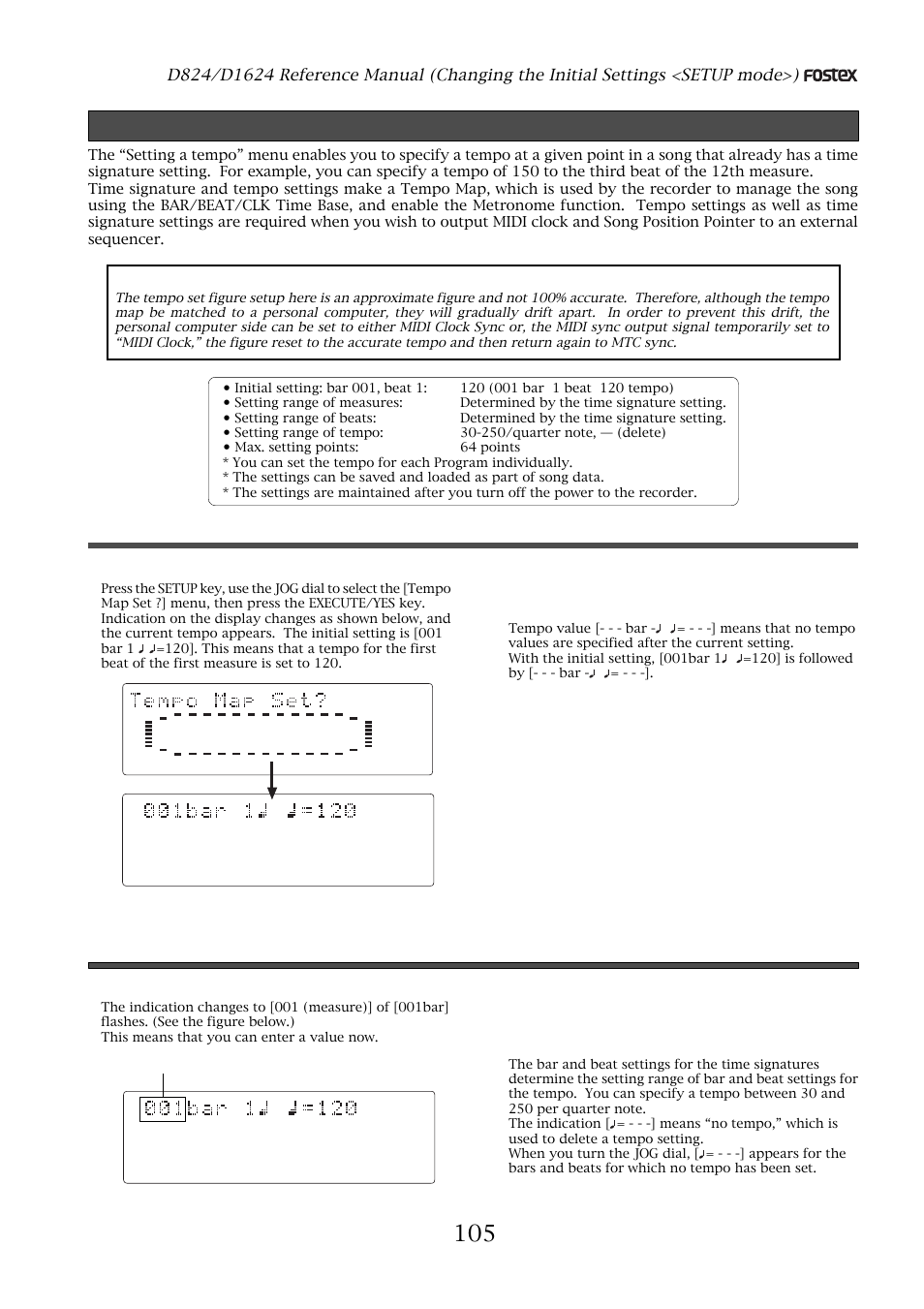 Setting a tempo, Setting a tempo (“tempo map set ?” menu), Checking the stored tempo setting | Storing a tempo value, Select a program to check the tempo setting for, Press the execute/yes key | Fostex D1624 User Manual | Page 105 / 136