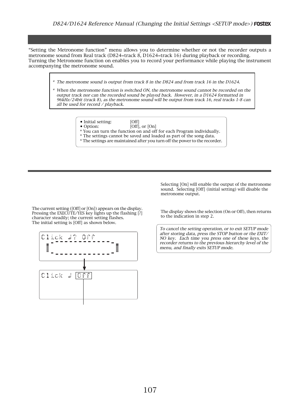 Setting the metronome function, Setting the metronome function (“click ?” menu), Turn the jog dial to select [on] or [off | Press the execute/yes key, Flashing | Fostex D1624 User Manual | Page 107 / 136