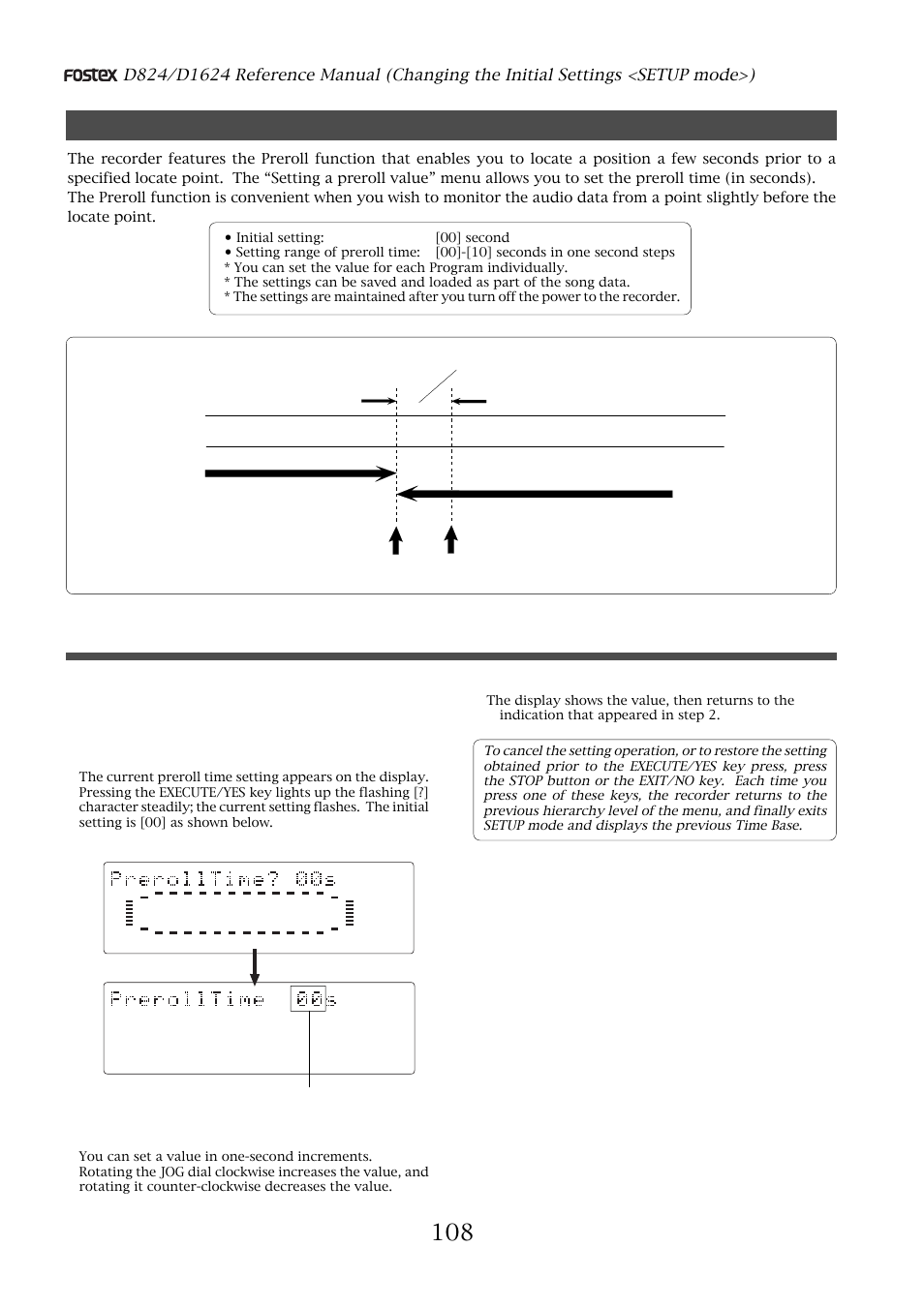 Setting a preroll value, Setting a preroll value (“preroll time ?” menu), Setting a preroll time | Press the execute/yes key, Flashing | Fostex D1624 User Manual | Page 108 / 136