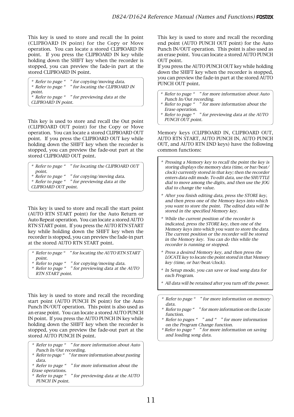 Clipboard in key [clipboard in, Clipboard out key [clipboard out, Auto return start key [auto rtn start | Auto punch in key [auto punch in, Auto punch out key [auto punch out | Fostex D1624 User Manual | Page 11 / 136
